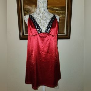 Vintage 1980s Red Velvet Black Lace V-Neck Slip Dress By Dreamgirl